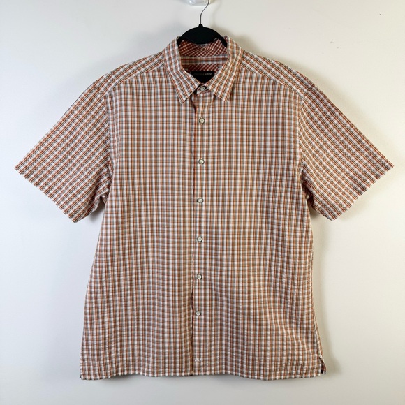 Johnston & Murphy Short Sleeve Button Front Down Shirt Plaid Orange Tan White - Picture 2 of 10